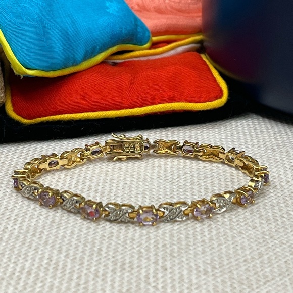 Vintage Gold Over Sterling Silver Bracelet – Amethyst & CZ Accents – 7.25” - Picture 3 of 17